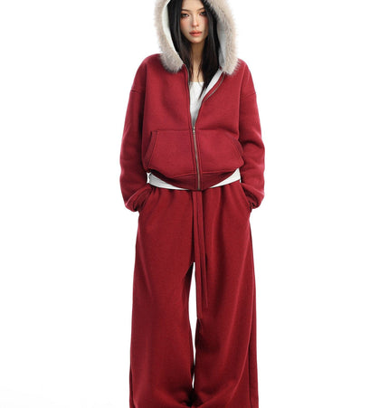 TALKLESSFASHION S / Red pants BIGGOLD Red Battle Robe Fur Collar Hooded Sweatshirt Women's Autumn Winter New Year Top Christmas Plush Pants Two-Piece Set