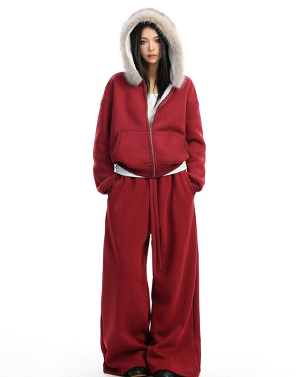 TALKLESSFASHION S / Red pants BIGGOLD Red Battle Robe Fur Collar Hooded Sweatshirt Women's Autumn Winter New Year Top Christmas Plush Pants Two-Piece Set