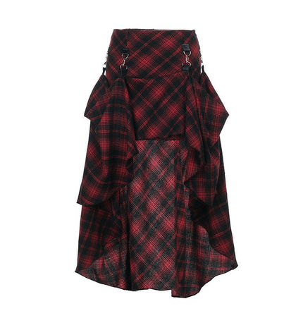 TALKLESSFASHION S / red VOstudio 2025 spring summer new retro red and black plaid irregular skirt can be adjusted to wear more midi skirts