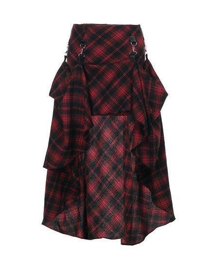 TALKLESSFASHION S / red VOstudio 2025 spring summer new retro red and black plaid irregular skirt can be adjusted to wear more midi skirts