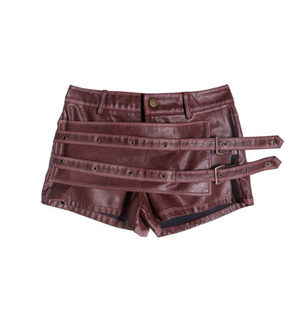 TALKLESSFASHION S / Red wine American sweet and cool metal snap-on double-layer leather shorts 2025 pre-fall new slim asymmetrical old culottes women's clothing