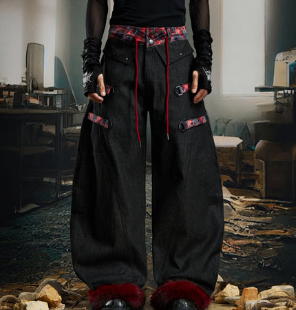 TALKLESSFASHION S / Reddish black No man's island original y2k niche personality splicing pants hem furry detachable scimitar pants jeans