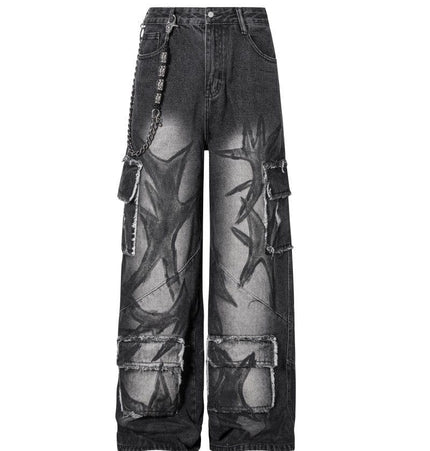 TALKLESSFASHION S Ripped Printed Wide-Leg Jeans