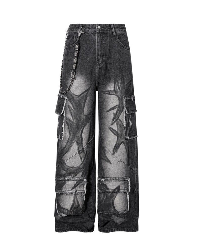 TALKLESSFASHION S Ripped Printed Wide-Leg Jeans