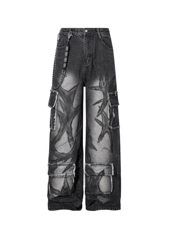 Ripped Printed Wide-Leg Jeans