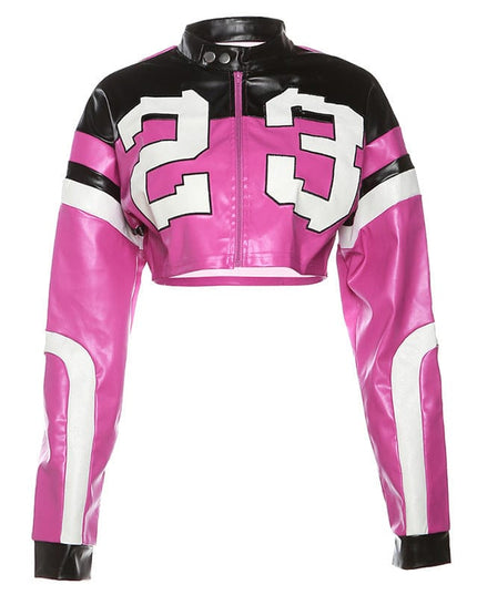 TALKLESSFASHION S / rose Red European and American foreign trade 2025 summer women's new fashion locomotive contrast embroidery splicing slim imitation leather jacket jacket
