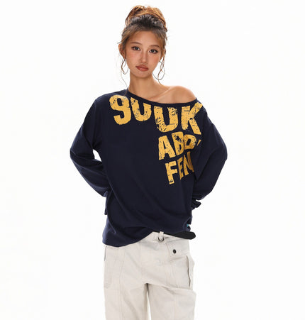 TALKLESSFASHION S / Royal blue Disruptive Lettering Off-Shoulder Top