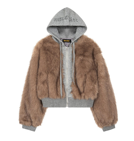 TALKLESSFASHION S / Sand brown American Faux Fur Cropped Layered Jacket
