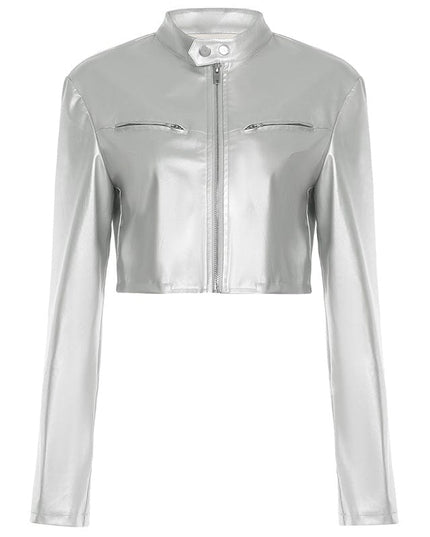 TALKLESSFASHION S / Silver Functional style, silver stand-up collar, zipper, cropped leather jacket, hot girl, street personality, slim fit, crop top, versatile jacket