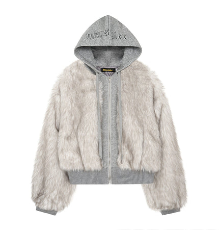 TALKLESSFASHION S / silver white American Faux Fur Cropped Layered Jacket