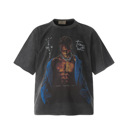 TALKLESSFASHION S Travis Scottt Portrait Show-Limited Funny Print Vintage Washed Distressed Short Sleeve T-Shirt