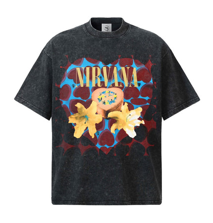 TALKLESSFASHION S / Washed black short sleeve 2026 Spring and Summer Nirvana Heart-shaped Gift Box American Cotton T-Shirt Men's Direct Jet Print Summer Breathable American Short Sleeves