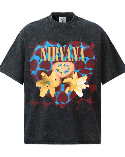 TALKLESSFASHION S / Washed black short sleeve 2026 Spring and Summer Nirvana Heart-shaped Gift Box American Cotton T-Shirt Men's Direct Jet Print Summer Breathable American Short Sleeves