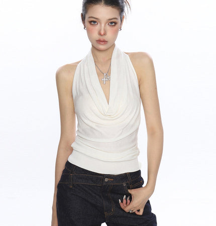 TALKLESSFASHION S / white BIGGOLD high-end temperament swinging neck halterneck camisole women's summer pure desire wind slimming backless top ins