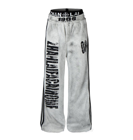 TALKLESSFASHION S / White plus velvet Fall 2025 American high street dirty and worn letter double waist sweatpants for men and women with a sense of design scimitar wide-leg pants
