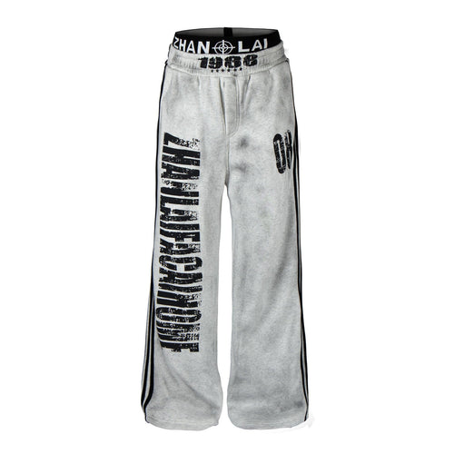 THETLSTUDIO S / White plus velvet Fall 2025 American high street dirty and worn letter double waist sweatpants for men and women with a sense of design scimitar wide-leg pants