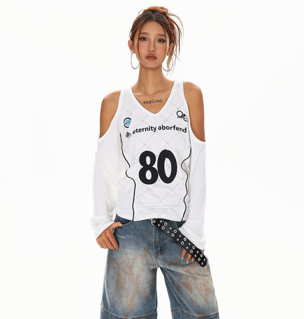 TALKLESSFASHION S / white XPKAEAX Sweet Cool Spice Girls Digital Print Long Sleeve T-Shirt Women's Fall American High Street Sporty Off-the-Shoulder Top