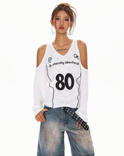 TALKLESSFASHION S / white XPKAEAX Sweet Cool Spice Girls Digital Print Long Sleeve T-Shirt Women's Fall American High Street Sporty Off-the-Shoulder Top
