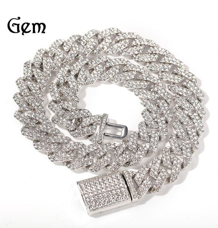 TALKLESSFASHION silver 16inch European and American trend 18mm silver Cuban chain rock punk full diamond alloy hip hop fashion metal necklace accessories men
