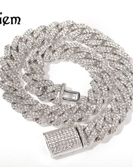 TALKLESSFASHION silver 16inch European and American trend 18mm silver Cuban chain rock punk full diamond alloy hip hop fashion metal necklace accessories men