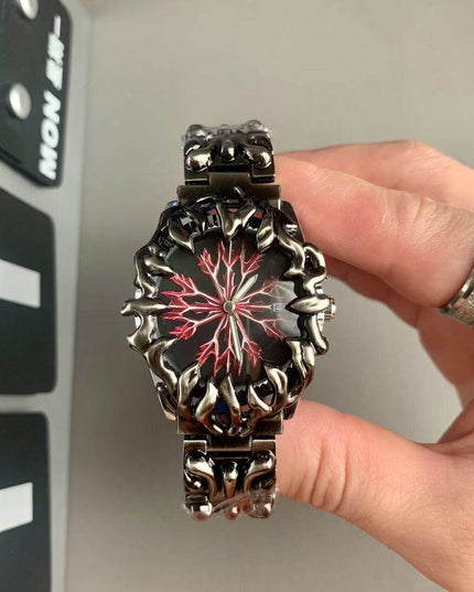 TALKLESSFASHION Silver-black, flame-red Millennial special-shaped watches, mid-vintage, European and American style, high-end personality, creativity, niche design, carved tide men's watches