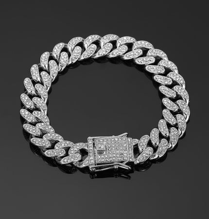 TALKLESSFASHION Silver (bracelet) 23 cm MS Full Diamond Bracelet 13MM Hip Hop American Hip Street Full Diamond Rap Rap Anklet Cuban Chain Men's Bracelet