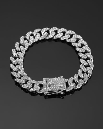 TALKLESSFASHION Silver (bracelet) 23 cm MS Full Diamond Bracelet 13MM Hip Hop American Hip Street Full Diamond Rap Rap Anklet Cuban Chain Men's Bracelet