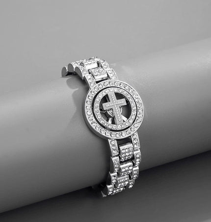 TALKLESSFASHION Silver (cross)2 MS Watch Bracelet Cross Rotating American Hip Hop Hip Hop Time Running Women's Full Diamond Dollar Men's Bracelet