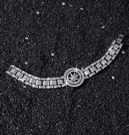 TALKLESSFASHION Silver (Maple Leaf) MS Watch Bracelet Cross Rotating American Hip Hop Hip Hop Time Running Women's Full Diamond Dollar Men's Bracelet