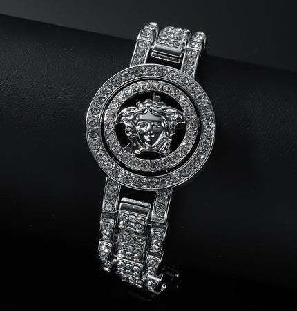 TALKLESSFASHION Silver (Medusa) MS Watch Bracelet Cross Rotating American Hip Hop Hip Hop Time Running Women's Full Diamond Dollar Men's Bracelet