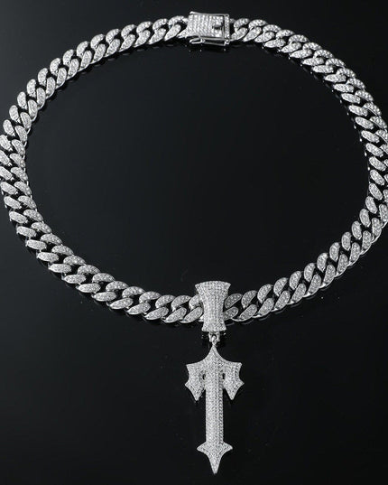 TALKLESSFASHION Silver pendant + 50 cm Cuban diamond chain MS Sword Cuban Chain American Hip Hop Diamond Full Diamond Trend Hiphop Rap Rap Premium Pendant Men's Necklace