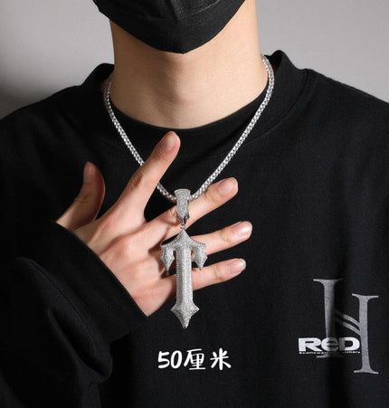 TALKLESSFASHION Silver pendant + 50 cm single row diamond chain MS Sword Cuban Chain American Hip Hop Diamond Full Diamond Trend Hiphop Rap Rap Premium Pendant Men's Necklace