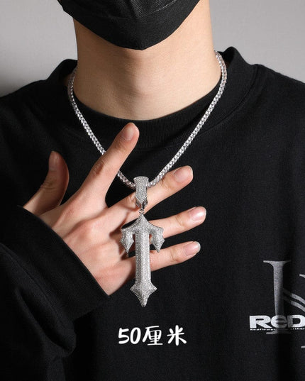 TALKLESSFASHION Silver pendant + 50 cm single row diamond chain MS Sword Cuban Chain American Hip Hop Diamond Full Diamond Trend Hiphop Rap Rap Premium Pendant Men's Necklace