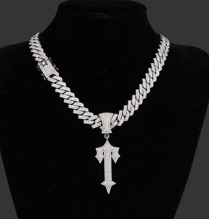 TALKLESSFASHION Silver pendant + 55 cm diamond Cuban diamond chain MS Sword Cuban Chain American Hip Hop Diamond Full Diamond Trend Hiphop Rap Rap Premium Pendant Men's Necklace