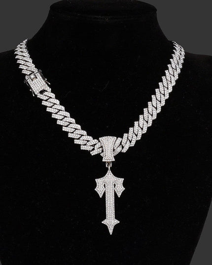 TALKLESSFASHION Silver pendant + 55 cm diamond Cuban diamond chain MS Sword Cuban Chain American Hip Hop Diamond Full Diamond Trend Hiphop Rap Rap Premium Pendant Men's Necklace