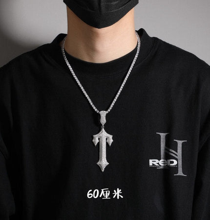 TALKLESSFASHION Silver pendant + 60 cm single row of diamond chain MS Sword Cuban Chain American Hip Hop Diamond Full Diamond Trend Hiphop Rap Rap Premium Pendant Men's Necklace