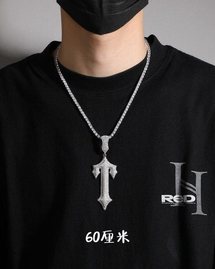 TALKLESSFASHION Silver pendant + 60 cm single row of diamond chain MS Sword Cuban Chain American Hip Hop Diamond Full Diamond Trend Hiphop Rap Rap Premium Pendant Men's Necklace