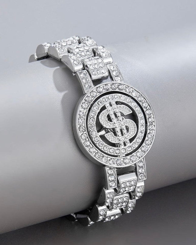 TALKLESSFASHION Silver (USD) MS Watch Bracelet Cross Rotating American Hip Hop Hip Hop Time Running Women's Full Diamond Dollar Men's Bracelet