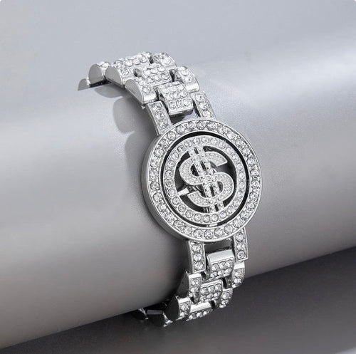 THETLSTUDIO Silver (USD) MS Watch Bracelet Cross Rotating American Hip Hop Hip Hop Time Running Women's Full Diamond Dollar Men's Bracelet