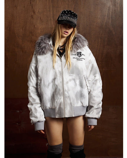 TALKLESSFASHION Stained Aviator Fur Collar Bomber