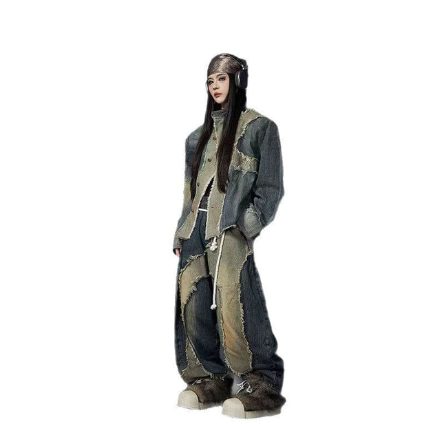 TALKLESSFASHION stand collar structure Unisex denim jacket & scimitar jeans