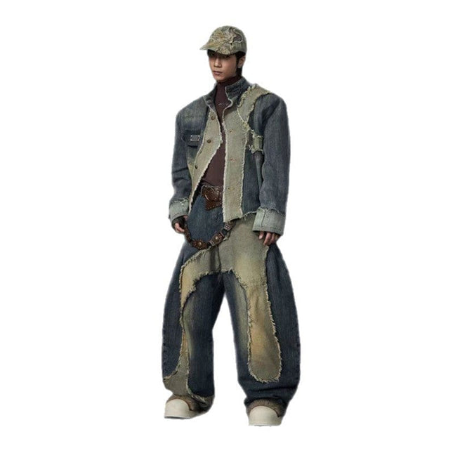 TALKLESSFASHION stand collar structure Unisex denim jacket & scimitar jeans