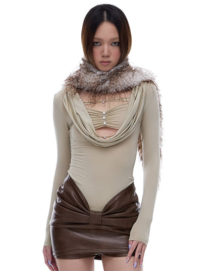 TALKLESSFASHION STARTTHEENGINE original hot girl V-shaped low-waisted pleated hip anti-shine PU leather skirt A-line skirt