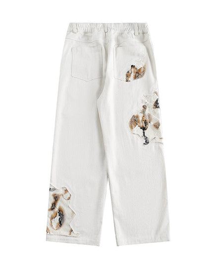 TALKLESSFASHION Stitching Denim Lace Patchwork straight jeans —-4095