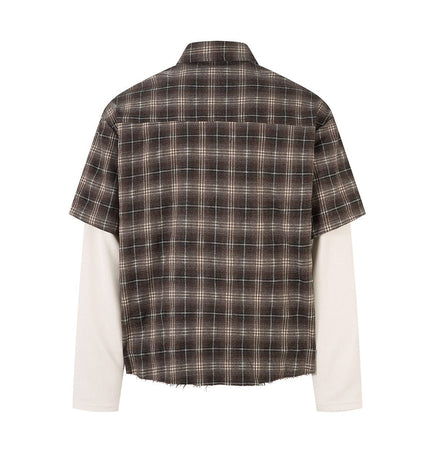 TALKLESSFASHION Street Distressed Fake Two-Piece Plaid Shirt