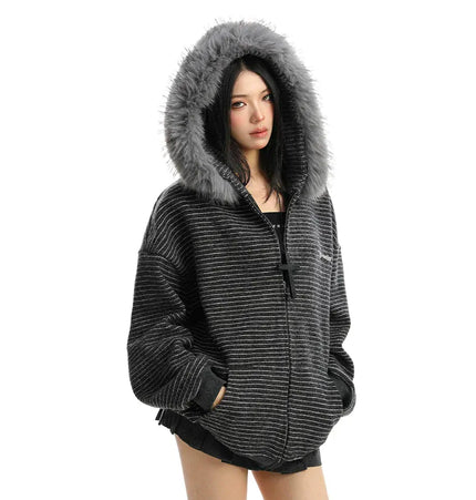 TALKLESSFASHION Striped Detachable Fur Hood Jacket