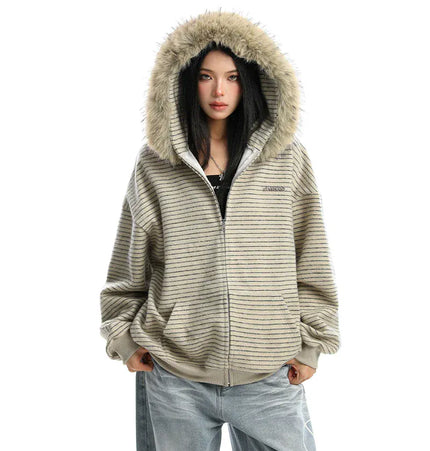 TALKLESSFASHION Striped Detachable Fur Hood Jacket