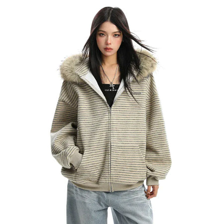 TALKLESSFASHION Striped Detachable Fur Hood Jacket