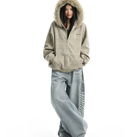 TALKLESSFASHION Striped Detachable Fur Hood Jacket