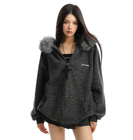 TALKLESSFASHION Striped Detachable Fur Hood Jacket